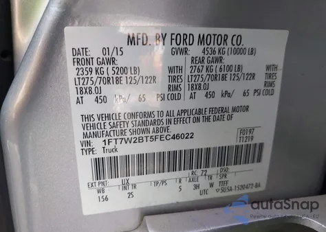 2015 Ford F-250 Xlt из США, поврежденный, VIN 1FT7W2BT5FEC46022